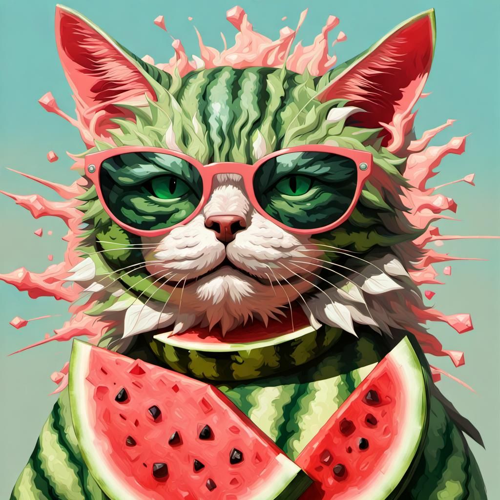 Surreal Watermelon Mojito Cat Wears Shaded Glasses in Sci-Fi...