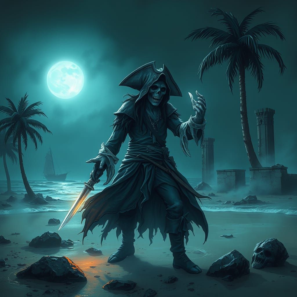 Ghost Pirate Searches for Lost Treasure on Moonlit Beach