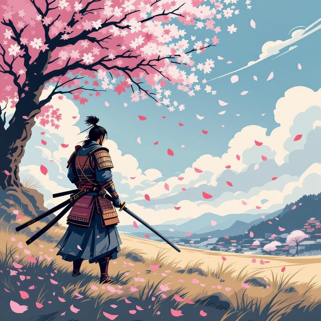 Samurai Warrior on Cherry Blossom Battlefield