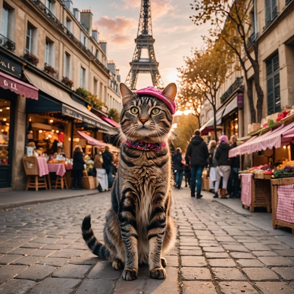 Parisian Tabby Cat Shops in Festive Market with Eiffel Tower
