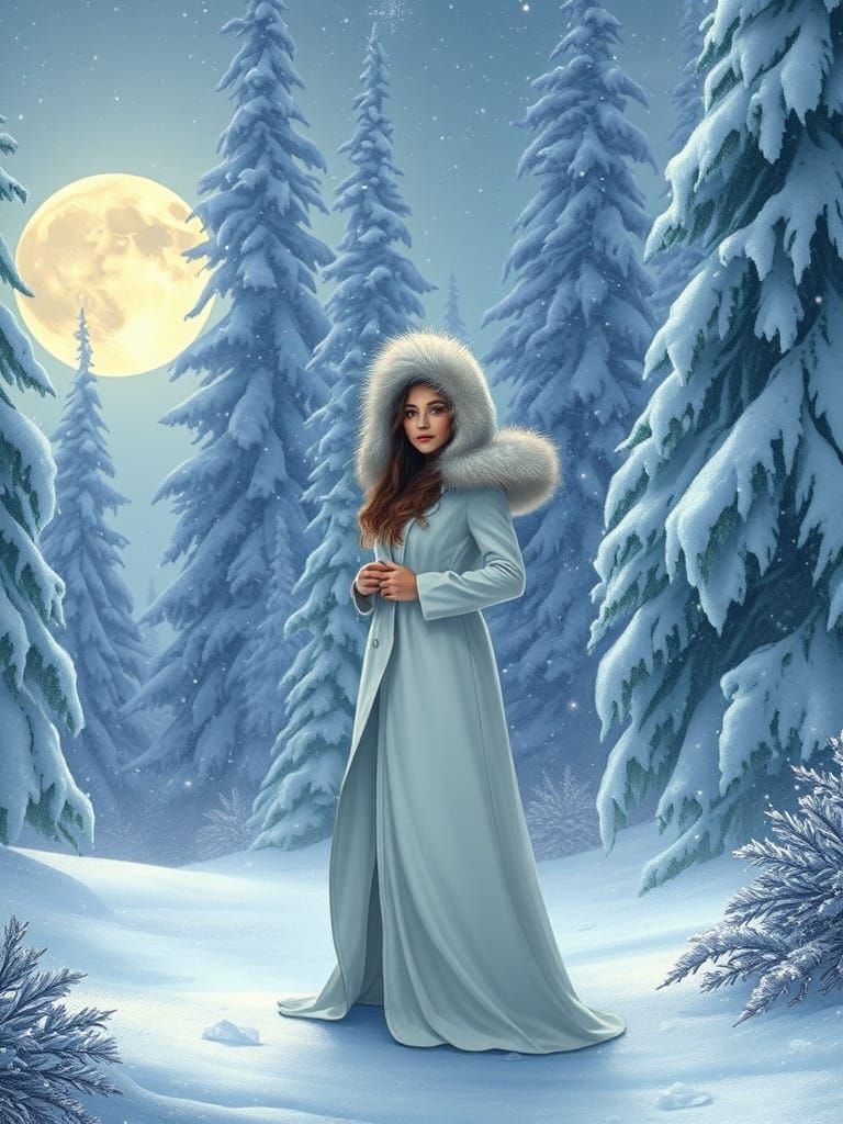 Magical Snowy Winter Landscape Under Full Moon Christmas