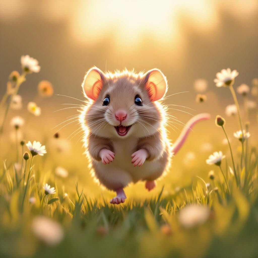 Cute Fluffy Rat in Sunny Meadow Storybook Illustration