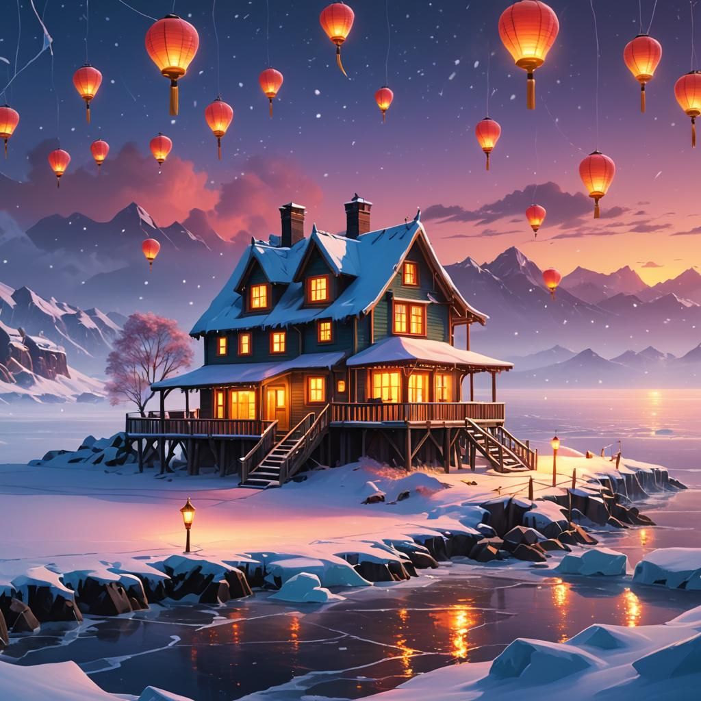 Warm Coastal Cottage Amidst Frozen Seascape