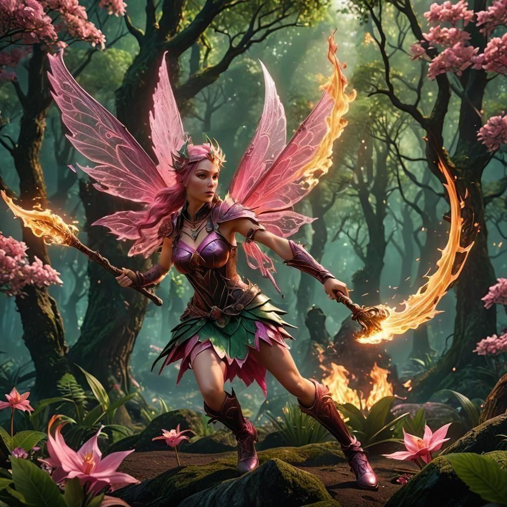 Vibrant Fire Fairy Battles in a Fantastical Forest