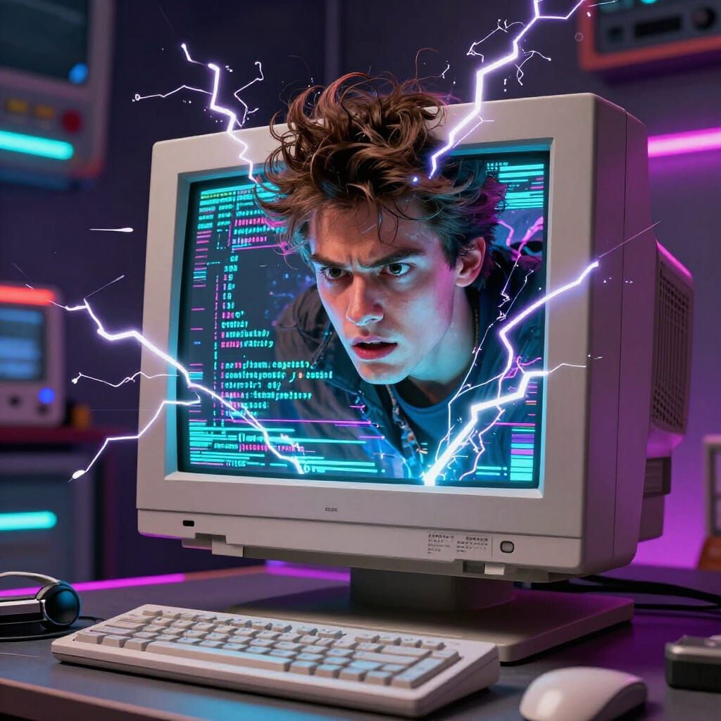 Man Bursts From Vintage Computer Screen in Neon Digital Art