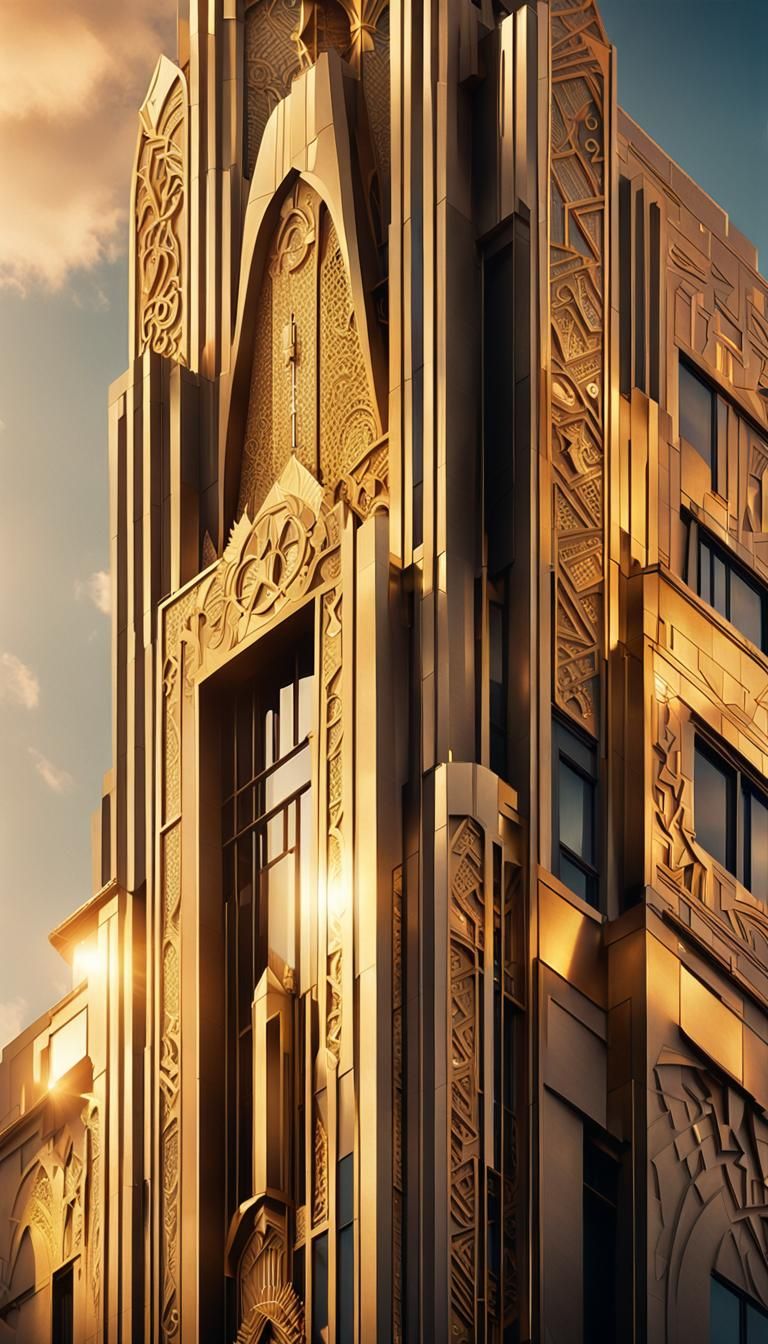 Luxurious Golden Hour Art Deco Skyscraper in Metal and Stone