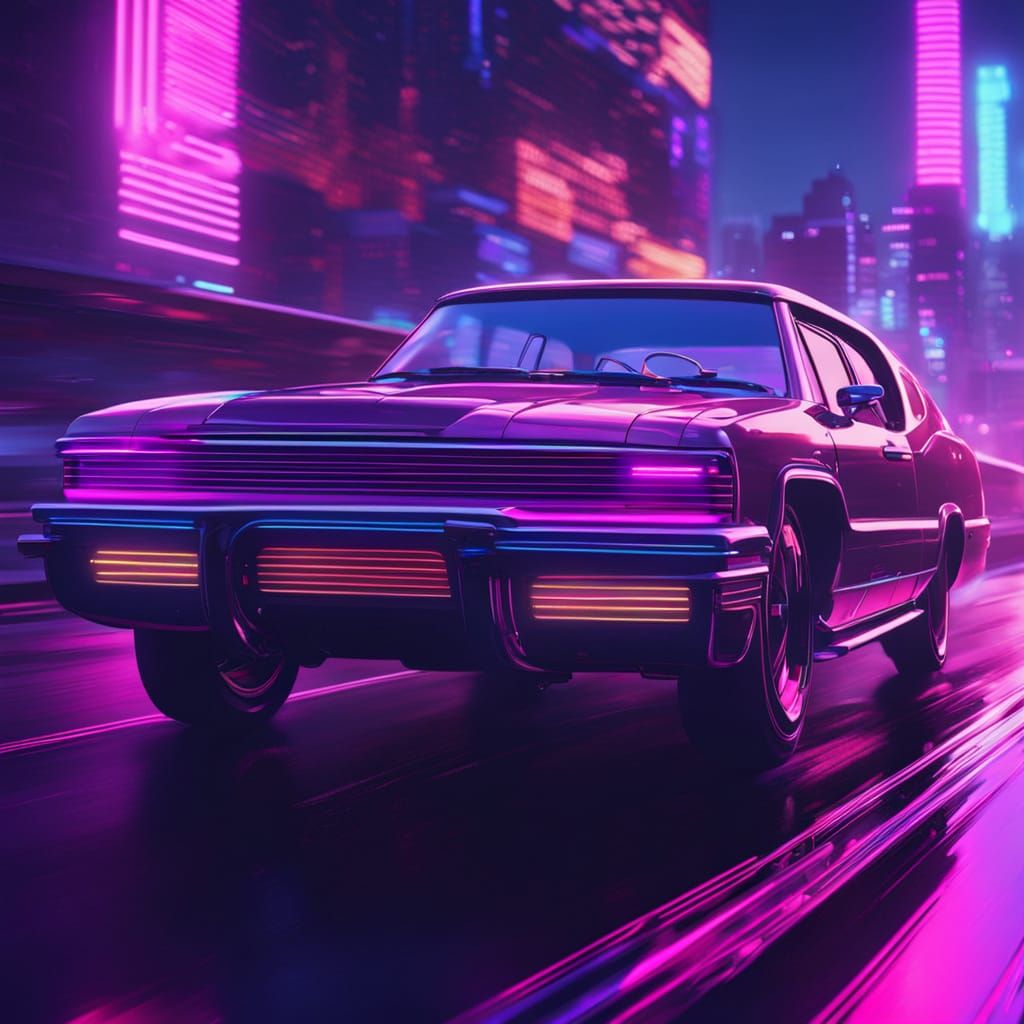 Retro-Futuristic Locomobile Car in Synthwave Style