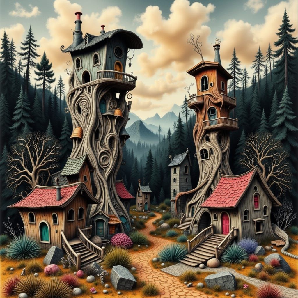 Wonky Tree Houses in a Noirscape Reverie