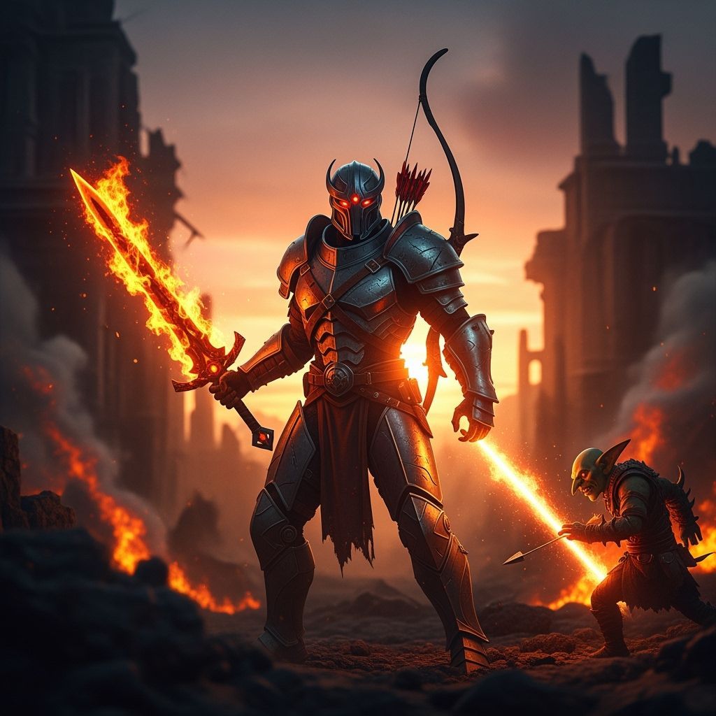 Warforged Warrior Battles Goblin in Fiery Sunset Ruins