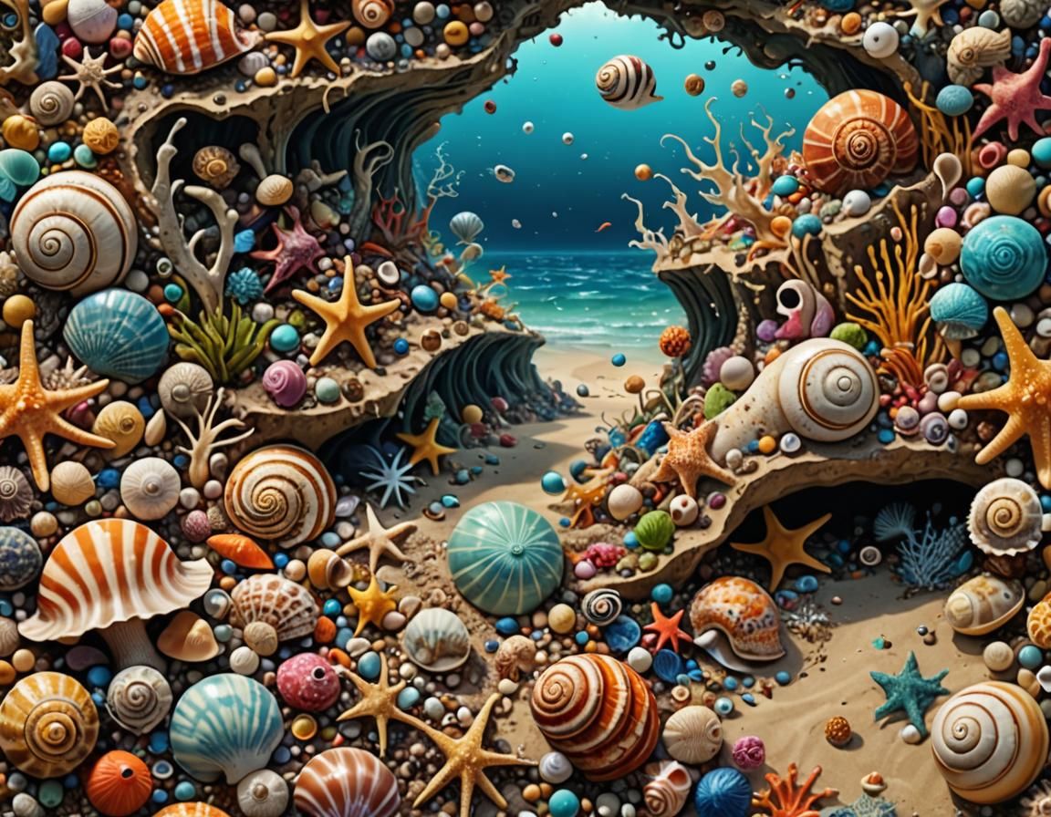 Vivid Surreal Shore Scene with Fantastical Sea Creatures