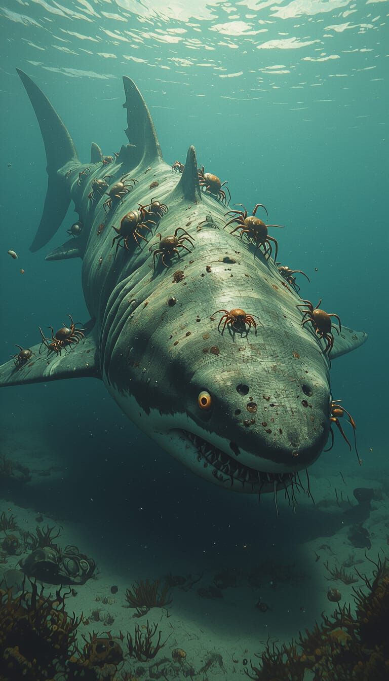 Parasite-Ridden Shark in Murky Deep-Sea Water