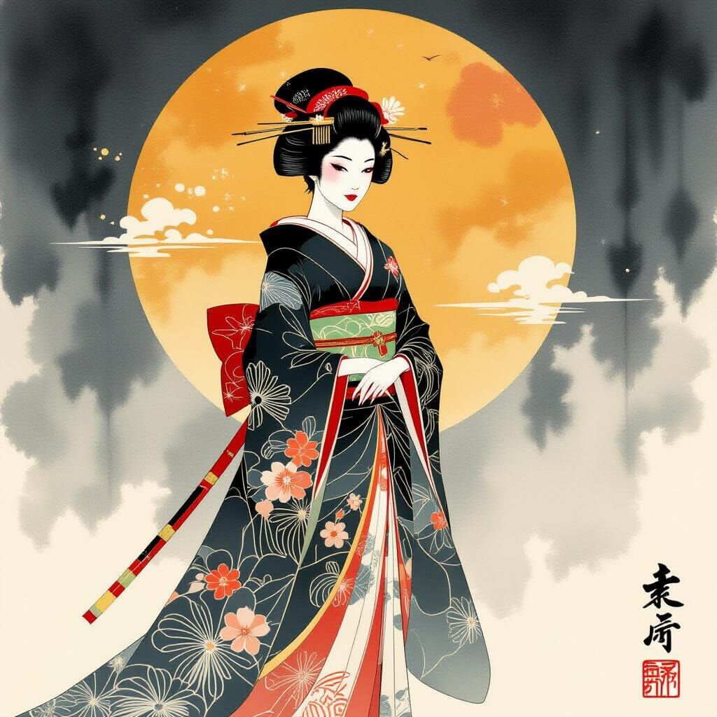 Art Deco Japanese Ink Painting Fusion