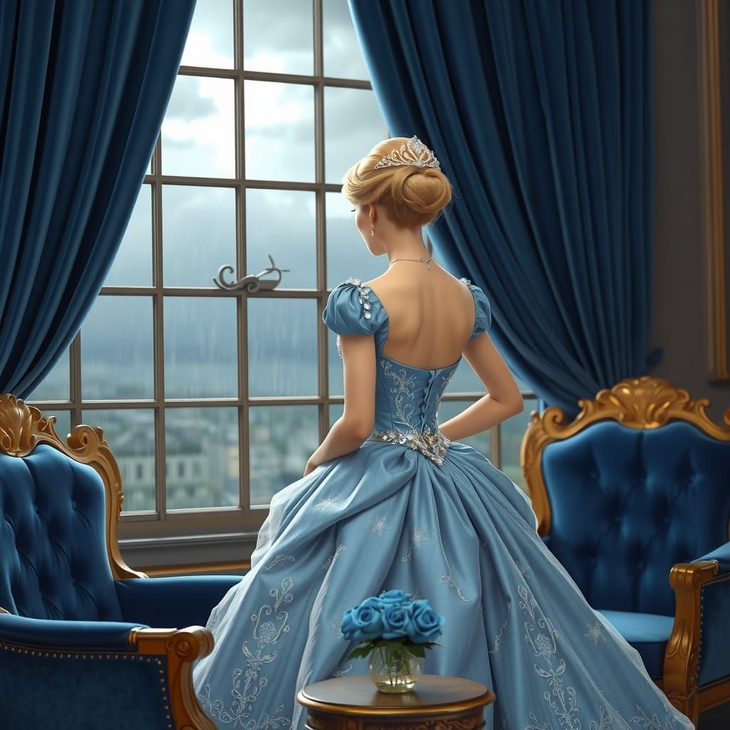 Cinderella in Enchanting Blue Ball-Gown at Majestic Window