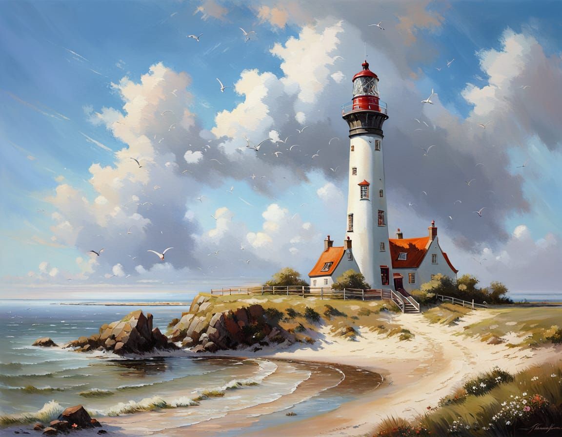 West Frisian Island Lighthouse Oil Painting