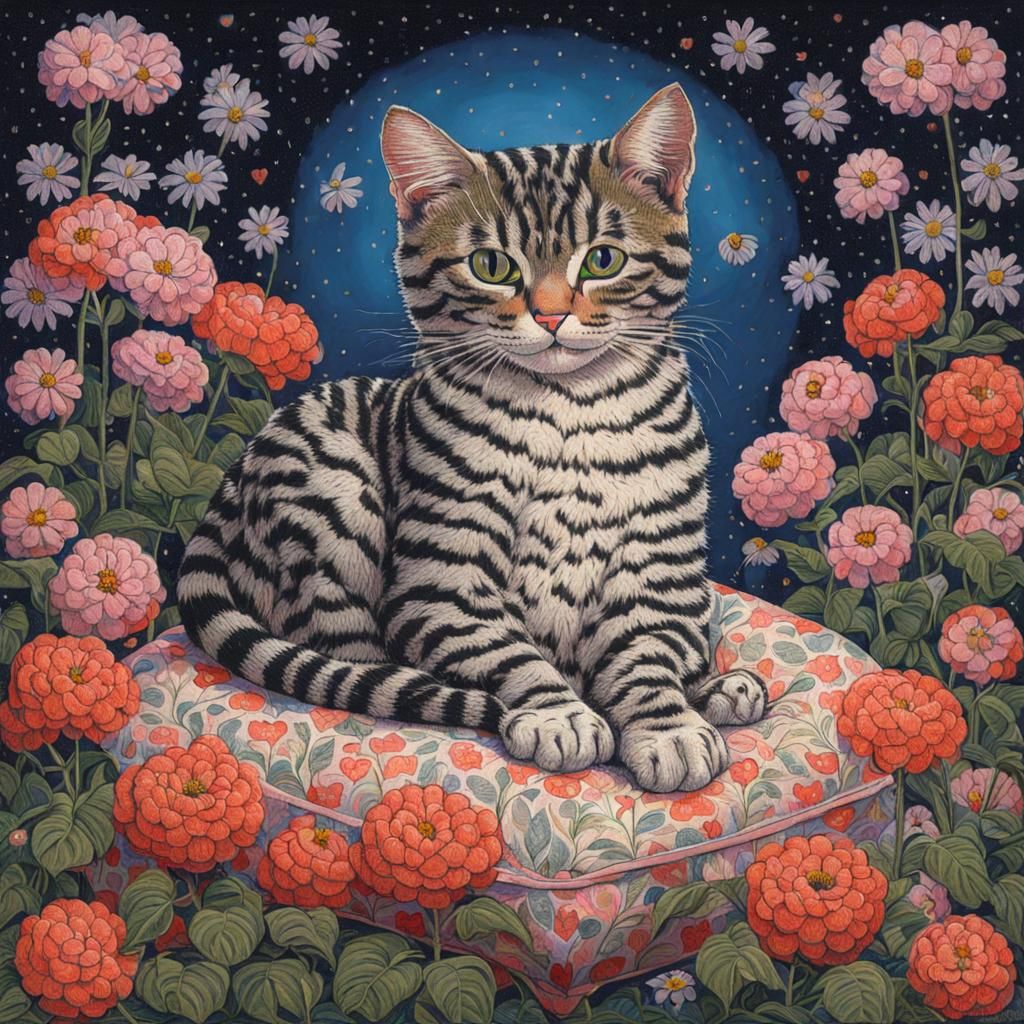 Whimsical Feline Scene in Impressionist Style