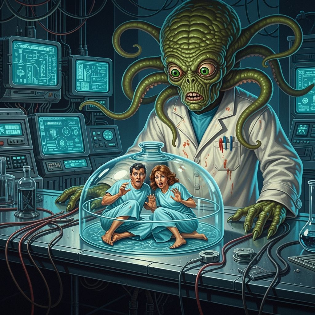 Terrified Humans Observed by Alien: Retro Oil Painting