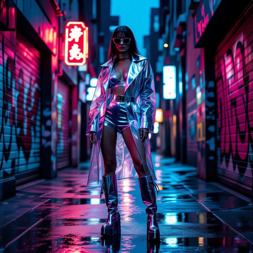 High-Fashion Editorial Portrait in Neon Alleyway