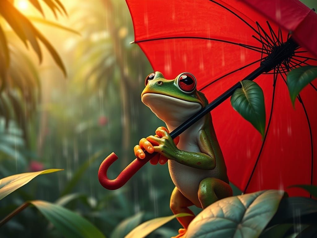 Rainy Tropical Forest Frog Holds Red Umbrella