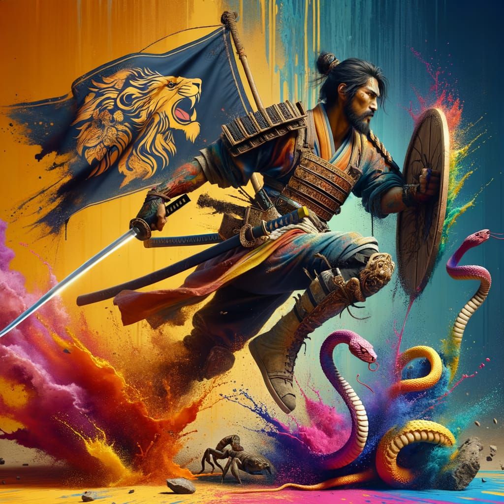 Hyperrealistic South Asian Samurai in Mid-Stride, Crushing S...