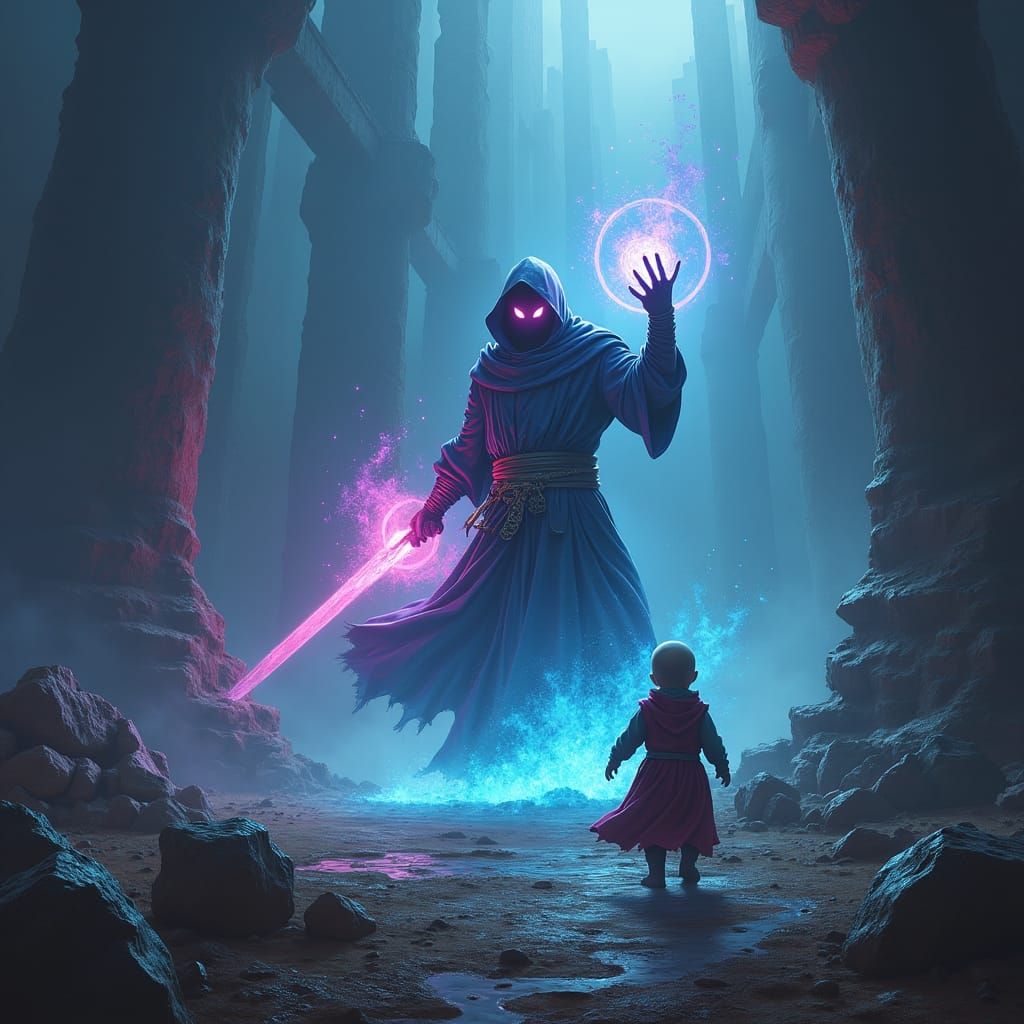 Epic Fantasy Mage Battles Glowing-Eyed Child in Dreamlike La...