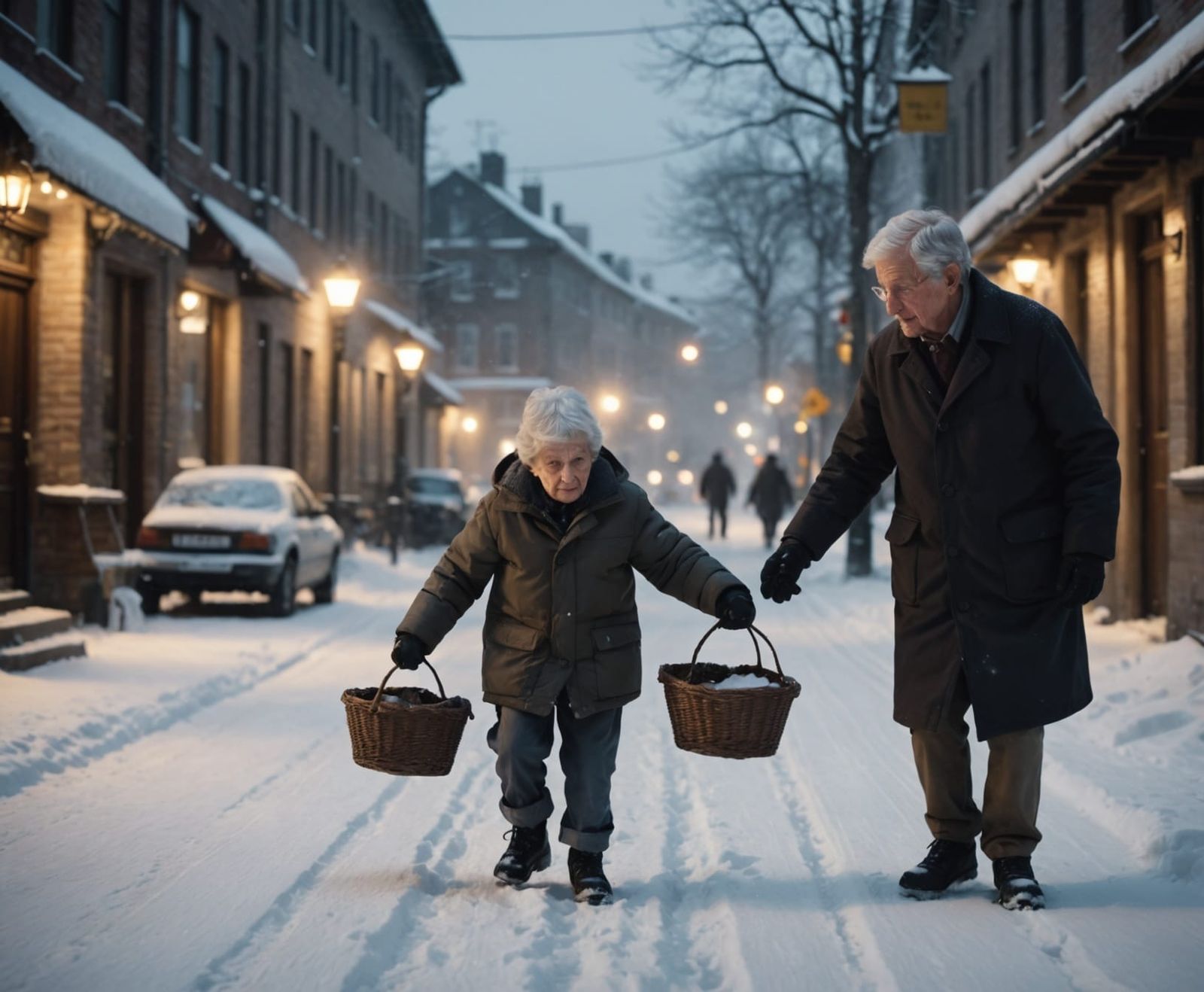 Boy Helps Elderly Woman Cross Snowy Street
