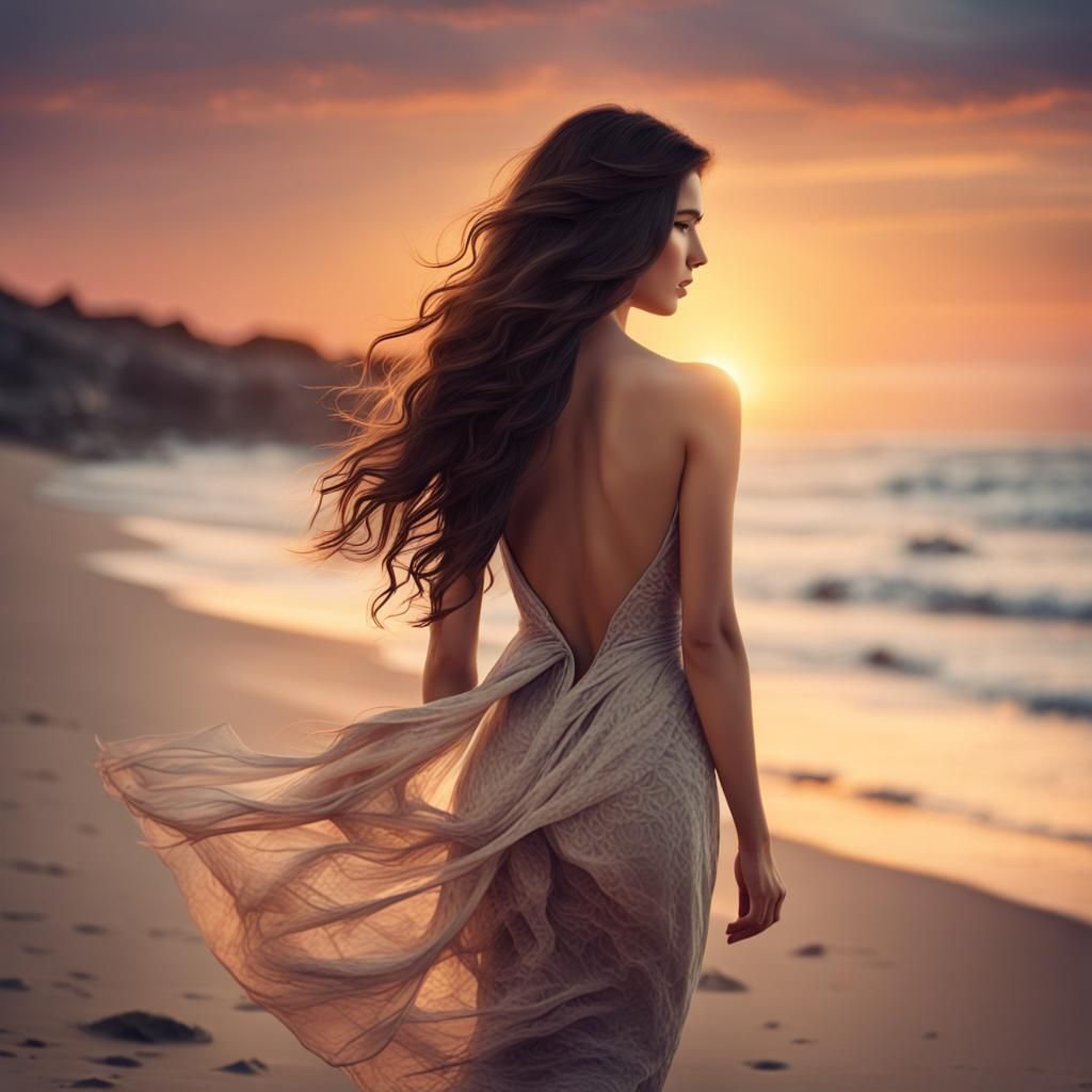 Gorgeous Euro Goddess in Sunset Beach Scene Digital Art