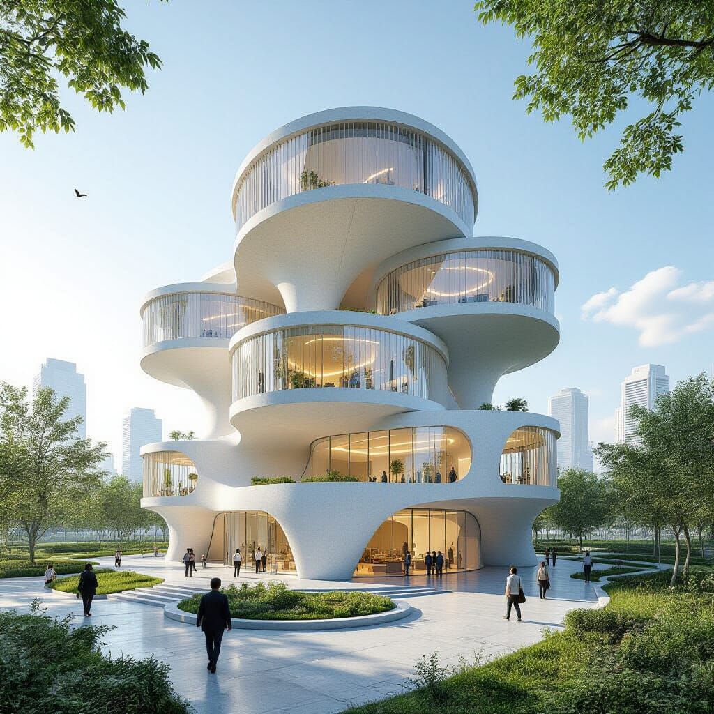 Futuristic Organic Office Complex in Golden Hour Light
