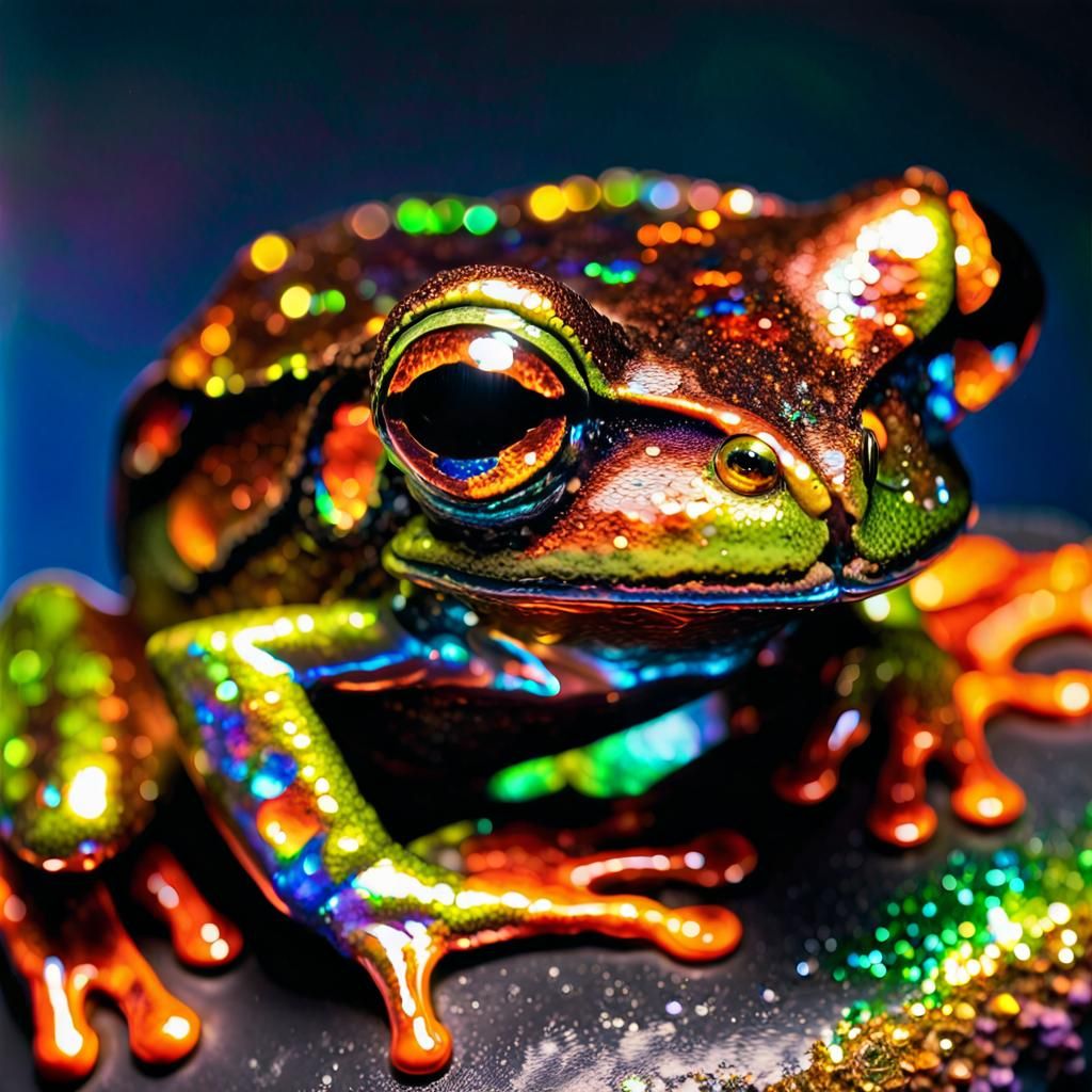 Glittering, Melting Moon Frog in Hyperdetailed, 16K Realism
