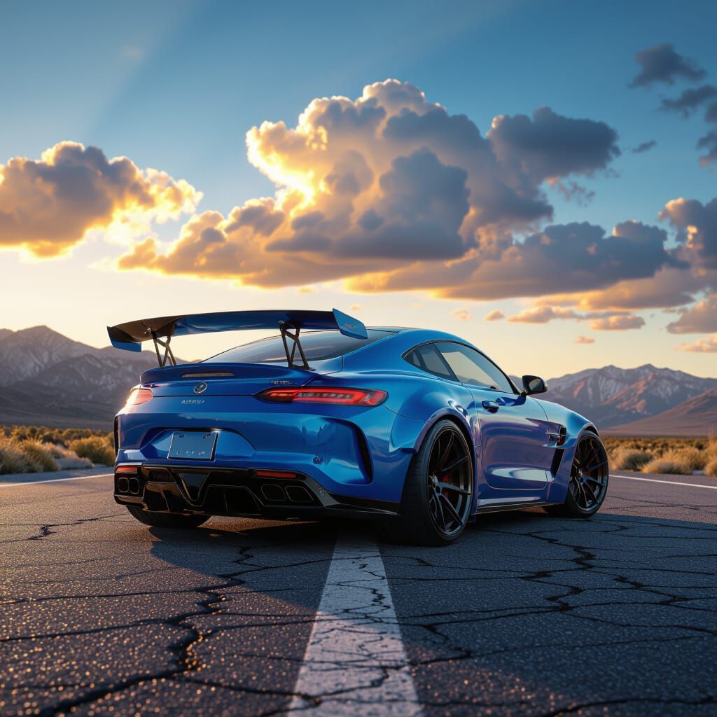 Vibrant Blue Sports Car on Mountain Road at Sunrise