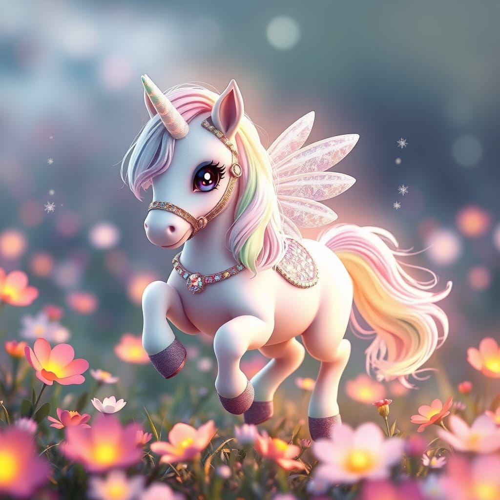 Rainbow Pony Galloping Through Glowing Flower Field