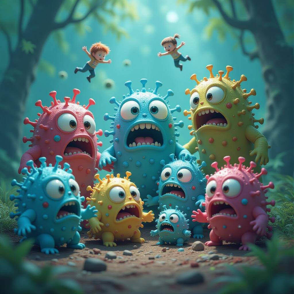 Anthropomorphic Microbes Attacked by Tiny Humans in Matte Pa...