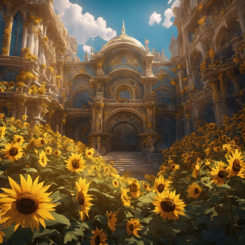 Vibrant Sunflower Metropolis in Heavenly Realms