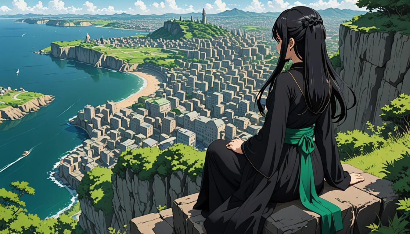 Anime Style Emerald City Vista from Cliffside