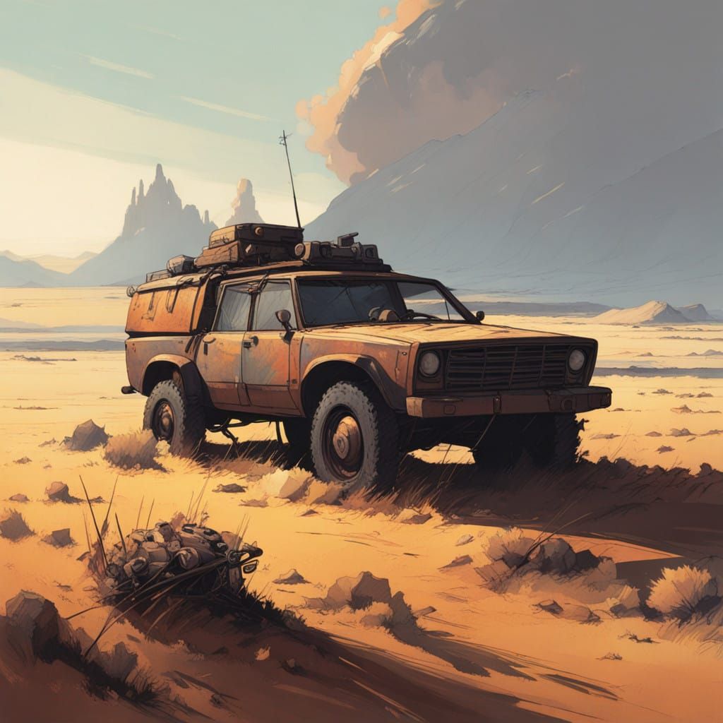 Rugged Pioneer Vehicle in a Barren Dystopian Landscape