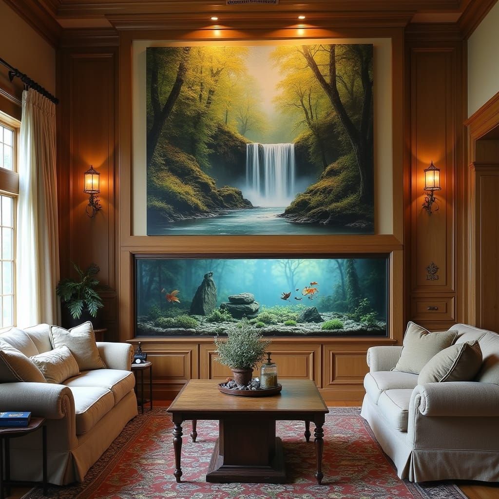 Cozy Living Room with Waterfall Fish Tank