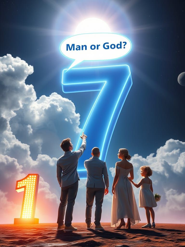 Family Gazing at Number 7 in Futuristic Sky