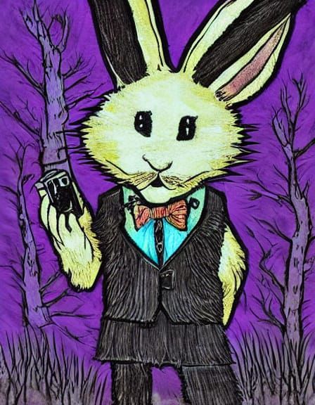 Victorian Rabbit in Moonlit Forest, Alcohol Ink Style