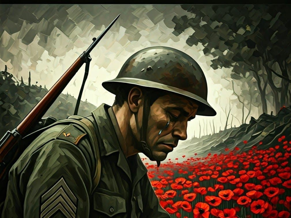 WW1 Soldier Silhouetted by Poppies in a Somme Landscape