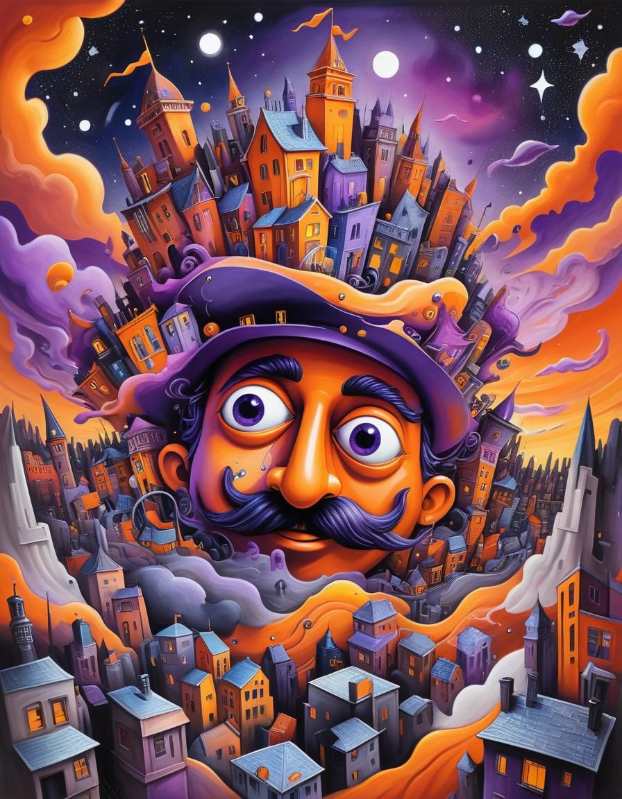 Surreal Cityscape with Dreamlike Landscapes and Celestial Bo...