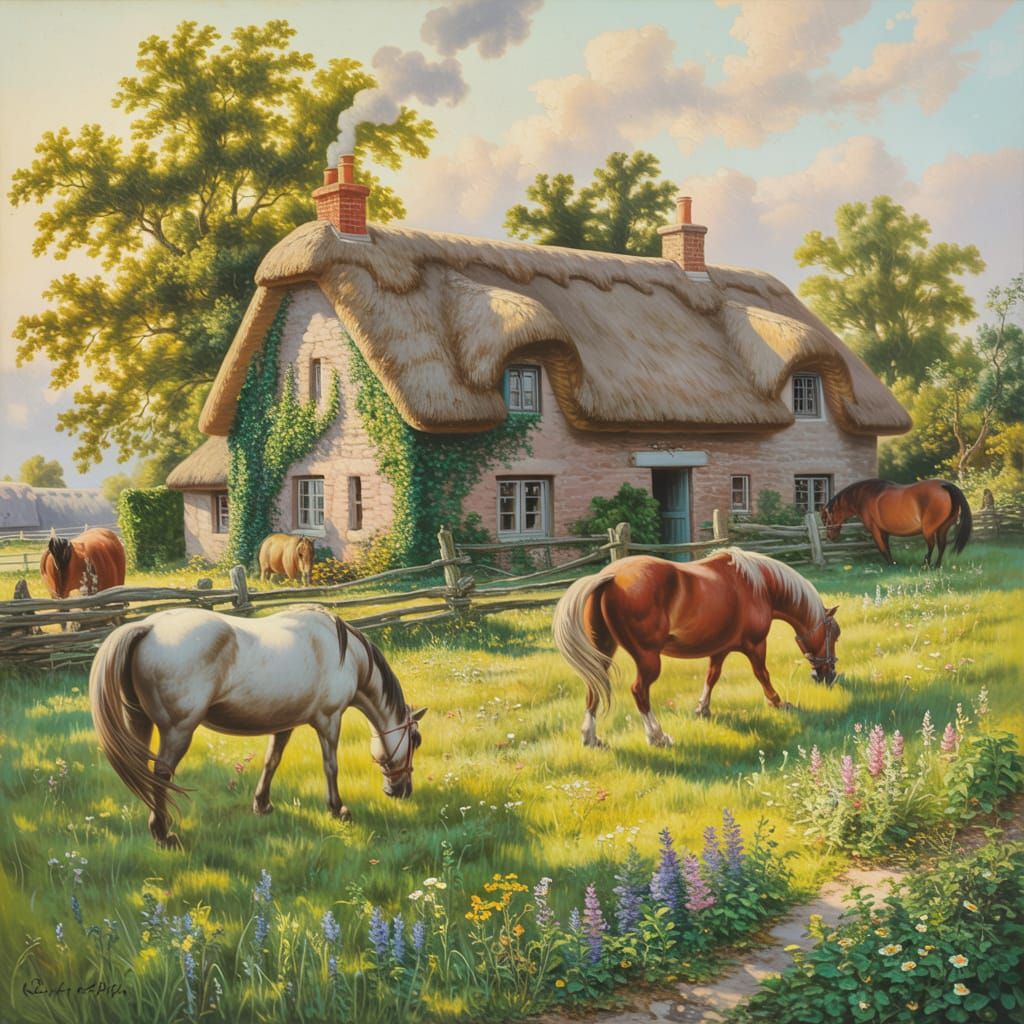 Idyllic Countryside Cottage with Grazing Horses: An Oil Pain...
