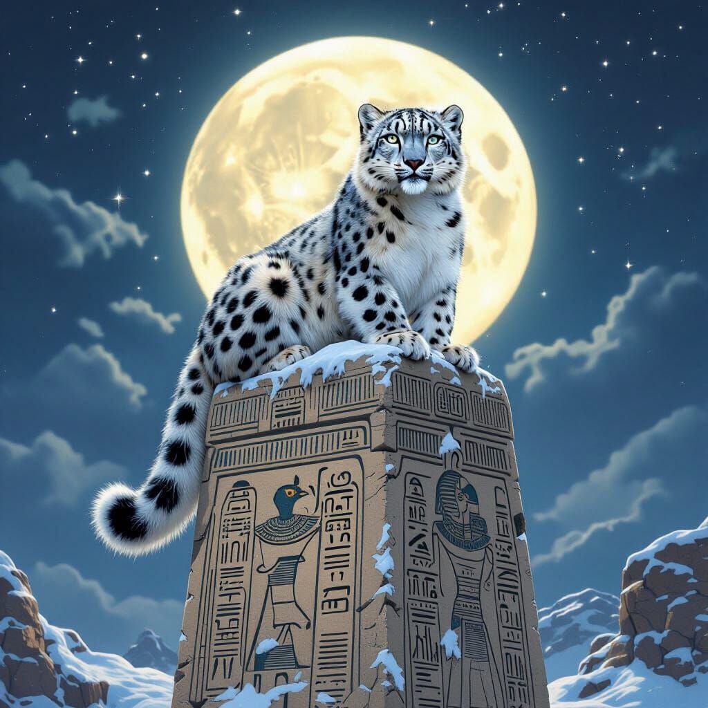 Snow Leopard on Egyptian Obelisk in National Geographic Styl...