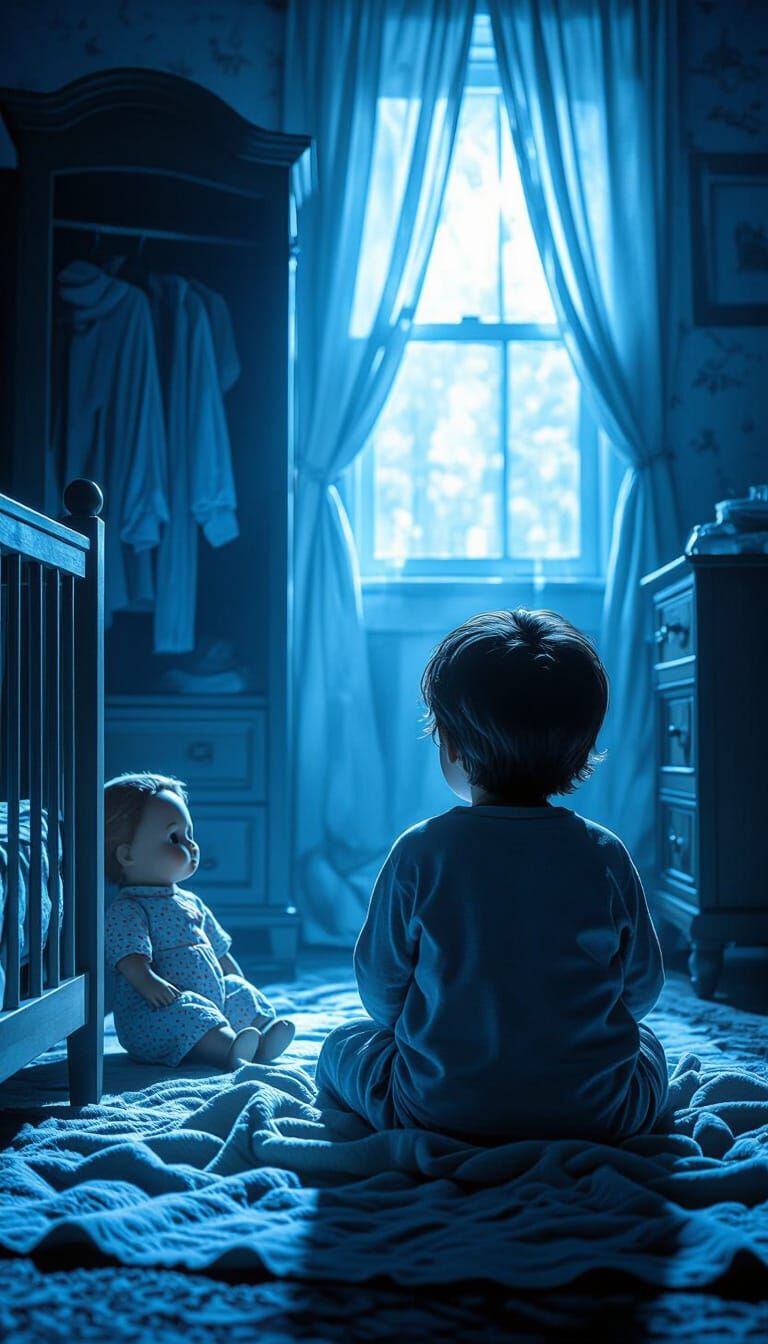 Child's Fearful Gaze: Doll and Wardrobe in Eerie Blue Light