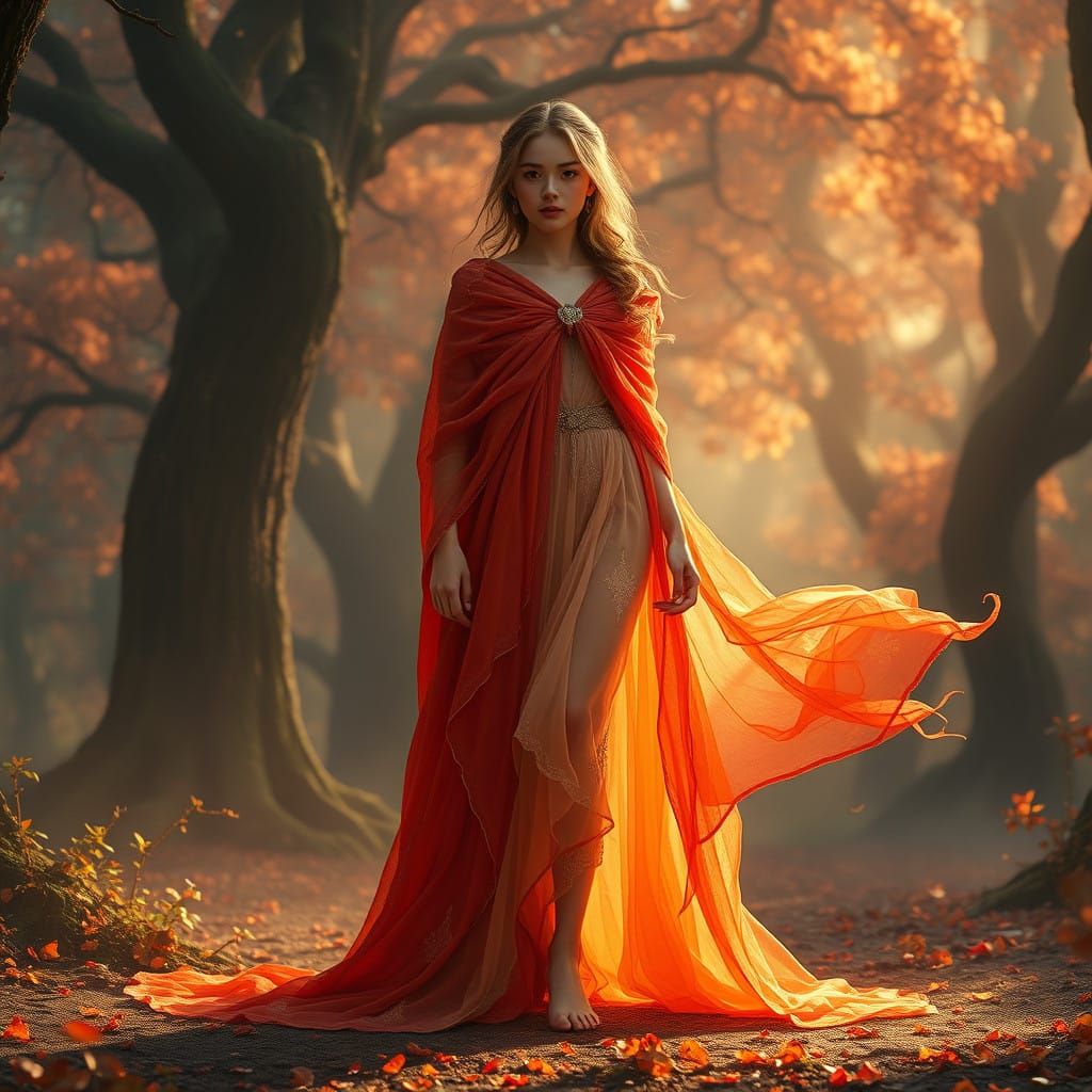 Enchanted Forest Goddess in Vibrant Sunset Cloak