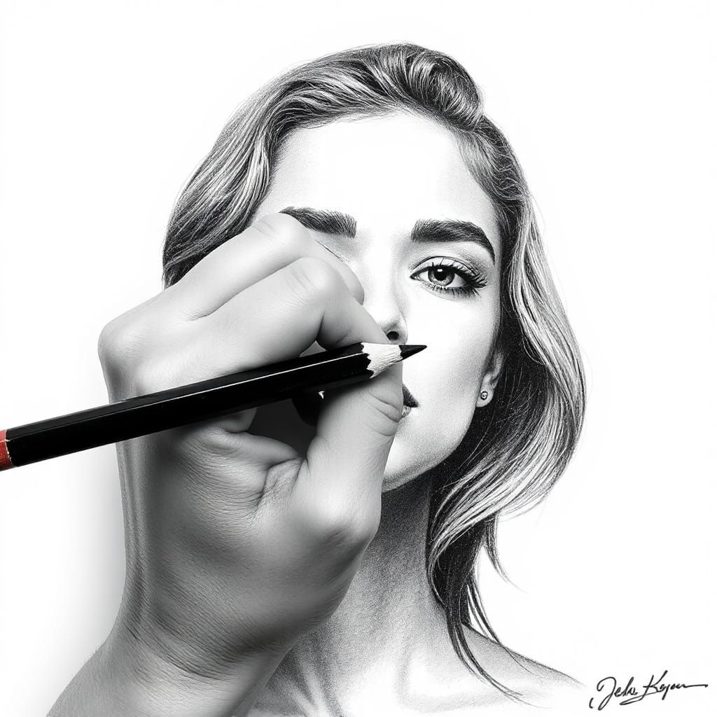 Hand Transforms into Pencil Drawing Portrait