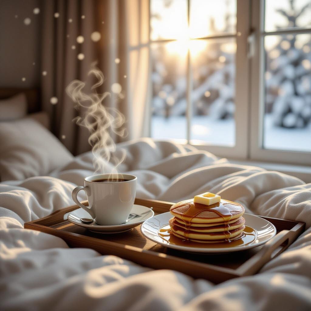 Cozy Winter Breakfast in Bed with Coffee and Pancakes