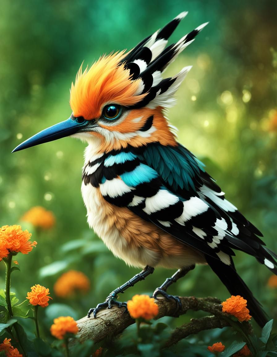 Chibi Hoopoe in Vibrant Garden Paradise