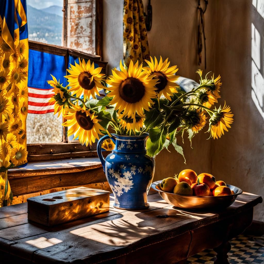 Ukrainian Flag Still Life with Sunflowers, Hyperreal Paintin...