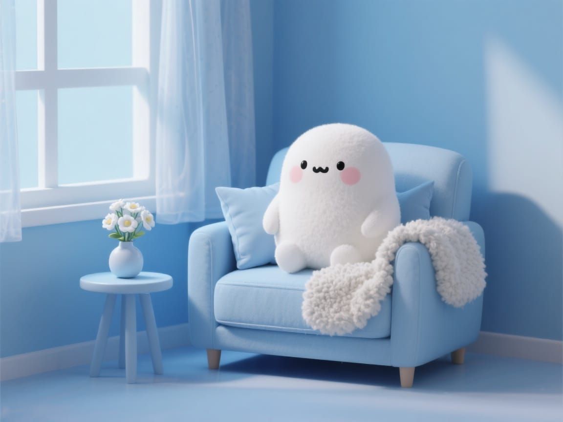 Stylized White Plush Creature in Blue Room as 3D Art