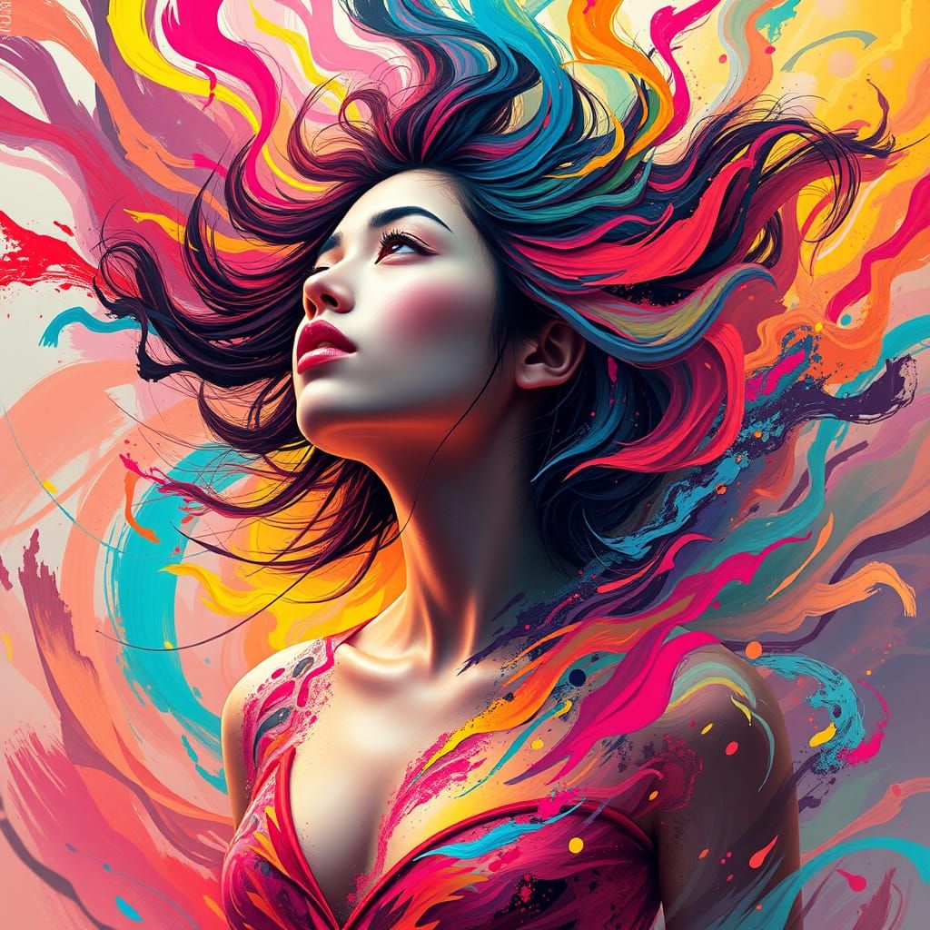 Woman Transforming into Art Masterpiece in Pop Art Style