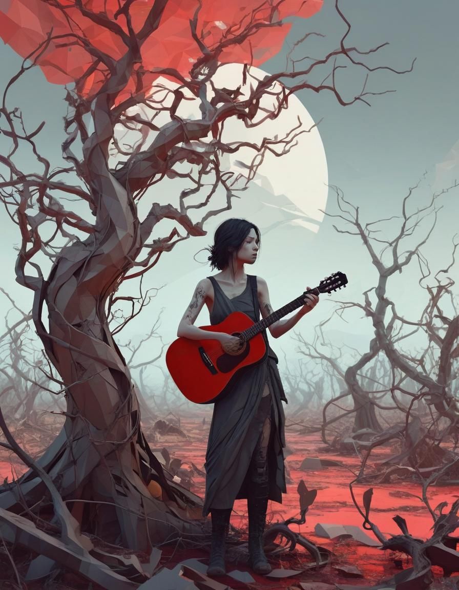 Future's Echo: Woman Musician in Desolate Landscape